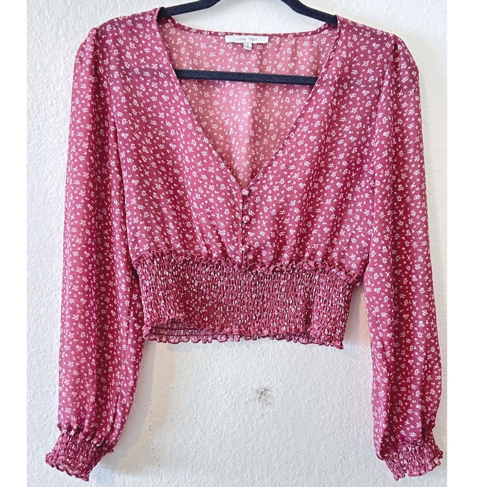 Love Tree Floral Fairy Smocked Crop Top Mauve V-Neck Long Sleeve Blouse SZ S